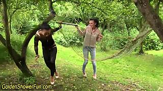 Hey, ever seen outdoor lesbo watersports with wild fingering like this?!