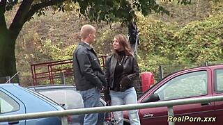 Busty German milf picked up for steamy outdoor sex with a big cock. The amateur encounter gets wild under the open sky.