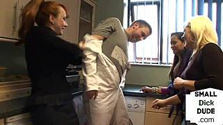 Redhead femdom leads brutal group handjob on small cock fellow by two mature amateurs and asian woman