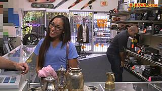 amateur brunette babe with glasses gets drilled hard at pawnshop