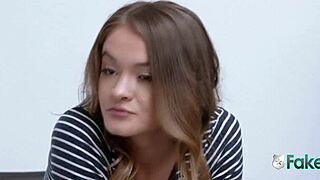 Cute redhead babe regrets stealing, gets bent over hard