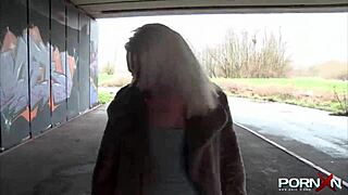 OMG, British blonde pissing in public with perky shaved body!