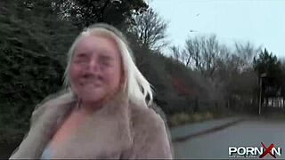 OMG, British blonde pissing in public with perky shaved body!
