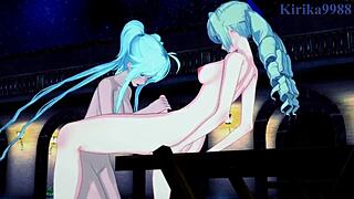 Saint-Germain and Cagliostro dive into intense lesbian play with futanari sex in Symphogear hentai.