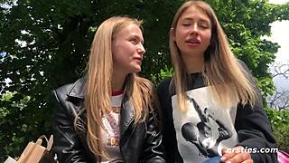 Real amateur lesbian couple from Ersties worship hot bodies with deep nipple sucking and fingering.