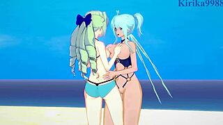 Saint-Germain and Cagliostro dive into intense lesbian play with futanari sex in Symphogear hentai.