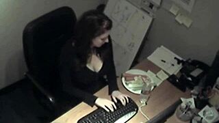horny secretary rubbing her big tits and fingering pussy at work 😏