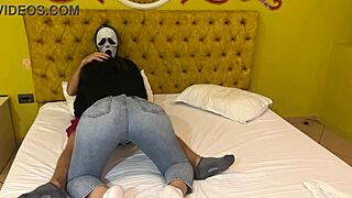 ghostface scores a free blowjob this halloween from a hot canadian brunette in costume.