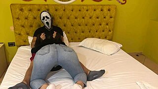 ghostface scores a free blowjob this halloween from a hot canadian brunette in costume.