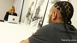 Mature Sara Jay slams pussy and tits on hard cock at the office.