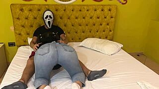 ghostface scores a free blowjob this halloween from a hot canadian brunette in costume.