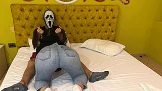 ghostface scores a free blowjob this halloween from a hot canadian brunette in costume.
