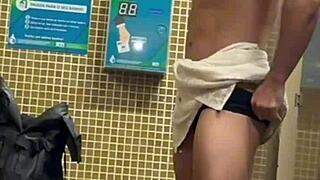 Steamy action in the bathroom with the security guard hints at wild fun.