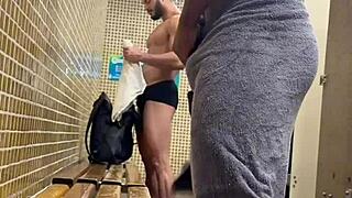 Steamy action in the bathroom with the security guard hints at wild fun.