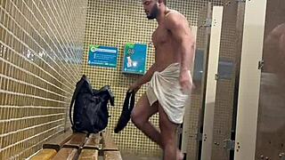 Steamy action in the bathroom with the security guard hints at wild fun.