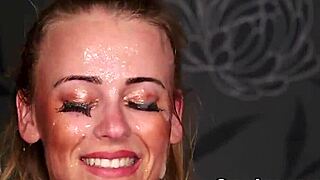 frisky honey swallowing cumshot all over her face