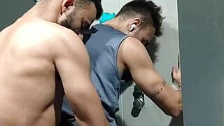 Caught him staring at the gym, so I took him to the bathroom for a quick suck