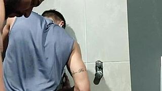 Caught him staring at the gym, so I took him to the bathroom for a quick suck