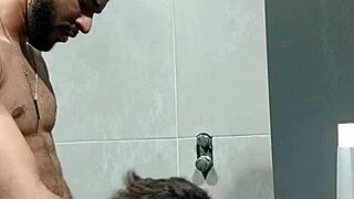 Caught him staring at the gym, so I took him to the bathroom for a quick suck