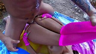 Nice mulatto girl gets muff dived and blowjobbed outdoors with cum in mouth