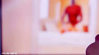 Blonde babe gets off watching big black cock porn on TV