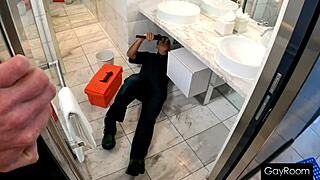 Plumber stud rams tool into Brody's tight drain hole