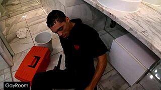 Plumber stud rams tool into Brody's tight drain hole
