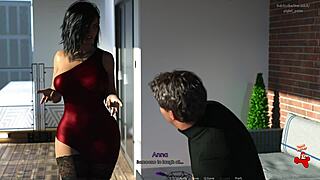 anna in red dress and black stockings looks so damn sexy at the party.