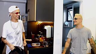 Shared room surprise, Brazilian stud catches young guy eyeing his huge rod in shower.