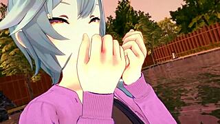 eula lounges by the pool in genshin impact, part 1, looking so seductive, she whispers