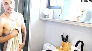 Shared room surprise, Brazilian stud catches young guy eyeing his huge rod in shower.