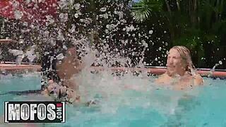 Girls in pink bikinis squirt outdoors with Abella Danger and Payton Preslee