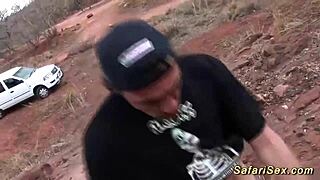 In the outdoors, a skinny African MILF gets roughly fucked by a German amateur, deepthroating his cock.