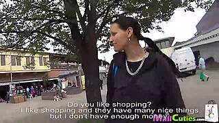 Horny brunette teen with small tits fucks in the shop.