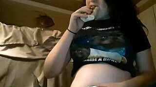 burrito belly stuffing with a chubby brunette