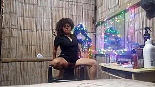 Uh, Christmas got wild with this curly Asian beauty bangin’ a pizza delivery boy in an old house!