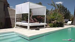 German teen melina may enjoys amateur pool sex on vacation with older man