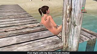 cute girl on the beach subtly masturbating with fingers and a banana in 3d cartoon