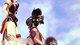 Ganyu, Keqing, Xiangling, and Xinyan dive into intense futanari sex in this wild Genshin Impact hentai.