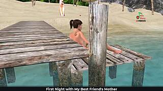 cute girl on the beach subtly masturbating with fingers and a banana in 3d cartoon
