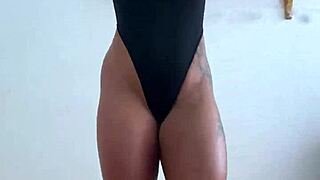 I love how this long-legged beauty in bodysuit takes hard anal and swallows cum
