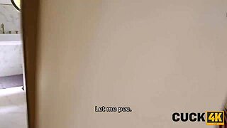 Cuck4k story unfolds as husband watches wife’s shaved pussy get slammed hard.