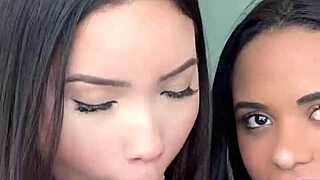 Asian babe's first menage with friend and black stud