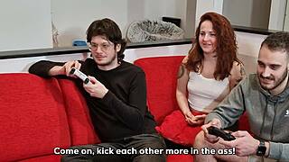 stepsister rides brother's best friend while he games, squirting hard