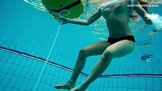 Horny czech teen strips naked fast, showing small tits and tight pussy outdoors underwater