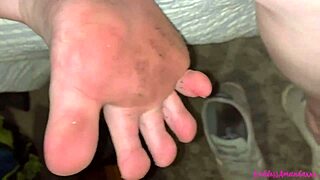 bouncing boobs and pissing pussy with dirty feet in worn-out shoes on display.