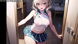Hot anime cheerleader teases with public pussy play in transparent outfit
