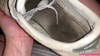 bouncing boobs and pissing pussy with dirty feet in worn-out shoes on display.