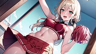 Hot anime cheerleader teases with public pussy play in transparent outfit