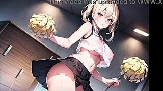 Hot anime cheerleader teases with public pussy play in transparent outfit
